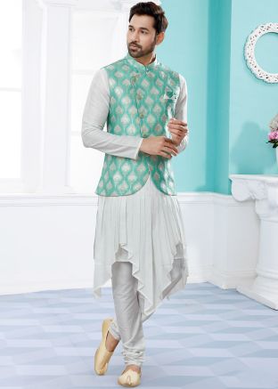 White Readymade Asymmetric Kurta Pyjama Set