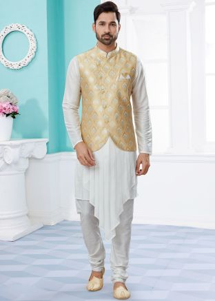 White Readymade Asymmetric Kurta Pyjama With Woven Jacket