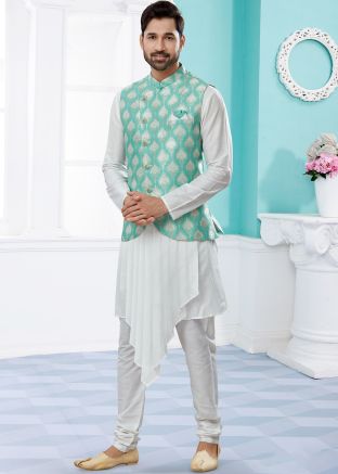 Readymade Asymmetric White Kurta Pyjama With Woven Jacket
