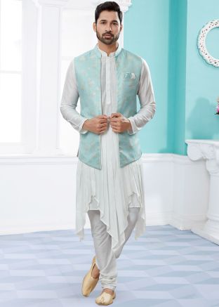 White Readymade Asymmetric Kurta Pyjama With Woven Jacket