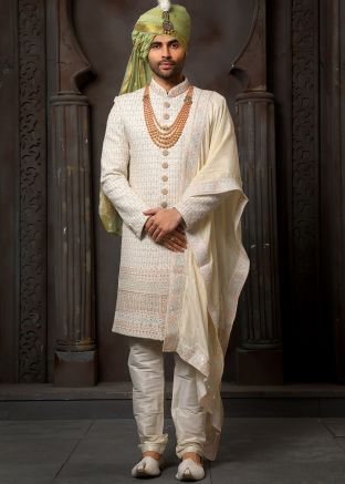 Cream Sherwani Set In Handwork Embroidery