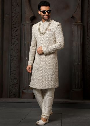 Grey Thread Embroidered Mens Sherwani Set