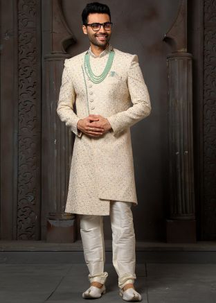 Beige Asymmetric Embroidered Sherwani Set