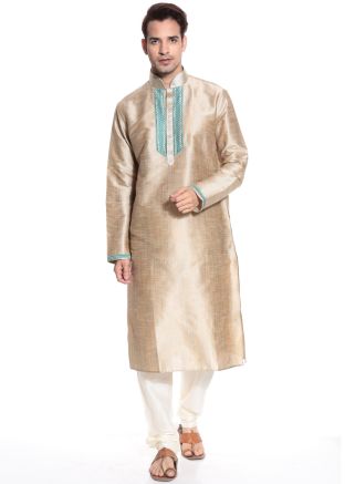 Readymade Beige Art Silk Kurta Pyjama Set