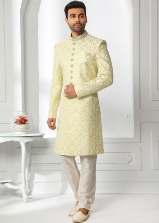 Yellow Sequins Embroidered Sherwani Set