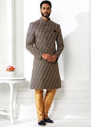 Readymade Blue Embroidered Sherwani Set