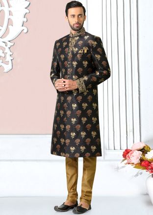 Black Woven Readymade Sherwani In Brocade