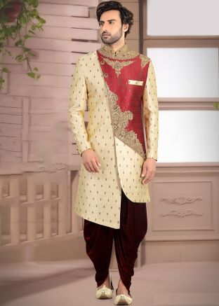 Cream Readymade Embroidered Asymmetric Sherwani