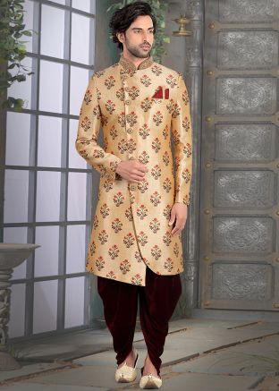 Beige Readymade Floral Print Sherwani With Dhoti