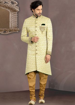Green Jacquard Readymade Sherwani Set