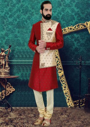 Red Embroidered Readymade Asymmetric Sherwani Set
