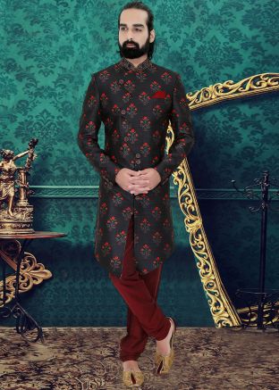 Black Readymade Floral Print Sherwani Set