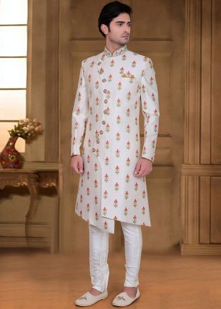 White Embroidered Asymmetric Readymade Sherwani