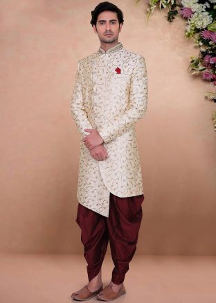 Off White Embroidered Readymade Sherwani With Dhoti