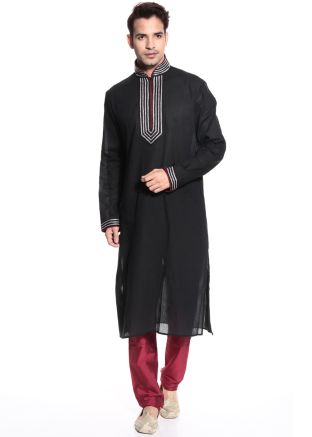 Readymade Black Art Silk Kurta Pyjama Set