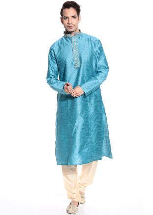 Readymade Blue Art Silk Kurta Pyjama Set