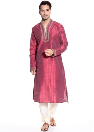 Readymade Pink Art Silk Kurta Pyjama Set