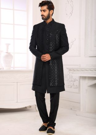 Readymade Black Sequins Embroidered Indo Western Sherwani