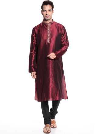 Readymade Maroon Brocade Kurta Pyjama Set