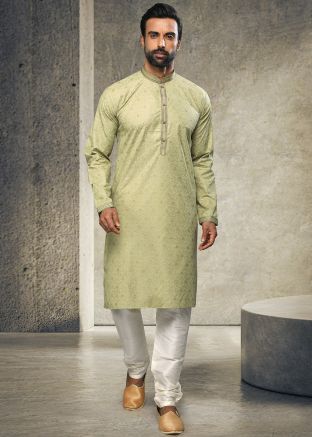 Green Floral Printed Kurta Pajama In Cotton