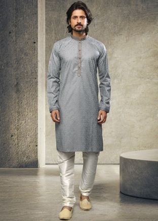 Grey Floral Print Cotton Kurta & Pajama