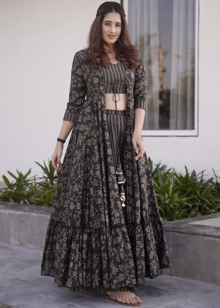 Black Digital Print Jacket Style Top & Bottom
