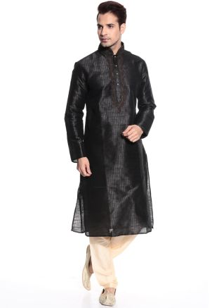Readymade Black Art Silk Kurta Pyjama Set