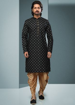 Black Printed Readymade Cotton Dhoti Kurta Set