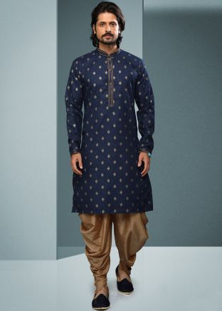 Blue Printed Readymade Cotton Dhoti Kurta Set