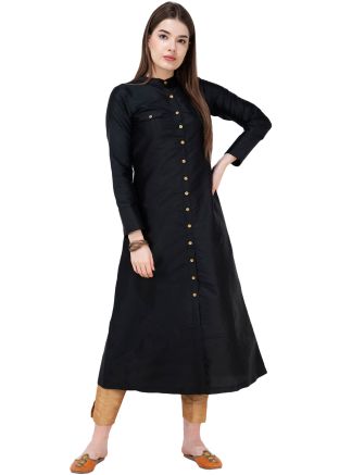 Black Plain Front Buttoned Kurta Set