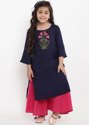 Navy Blue Bell Sleeved Embroidered Kids Kurta Set