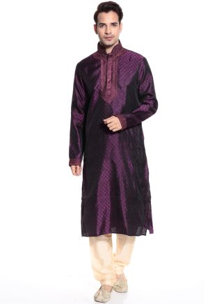 Readymade Purple Brocade Kurta Pyjama Set
