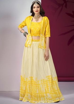 Yellow Embroidered Jacket Style Skirt Set