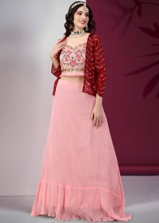Pink Embroidered Jacket Style Skirt Set