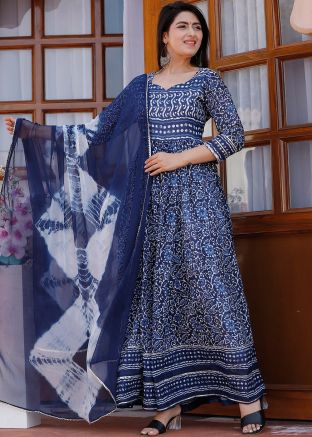 Blue Floral Printed Long Kurta With Dupatt