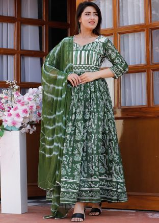 Green Printed Flared Kurta & Dupatta