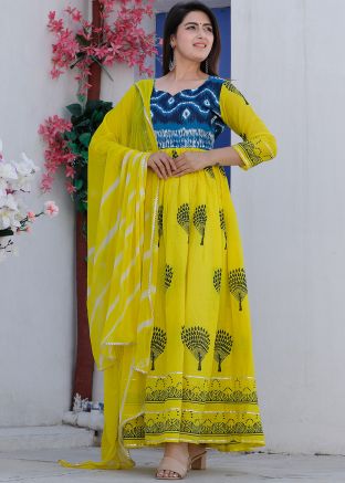 Yellow Readymade Printed Kurta & Dupatta