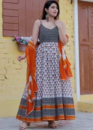 White Floral Printed Cotton Long Kurta