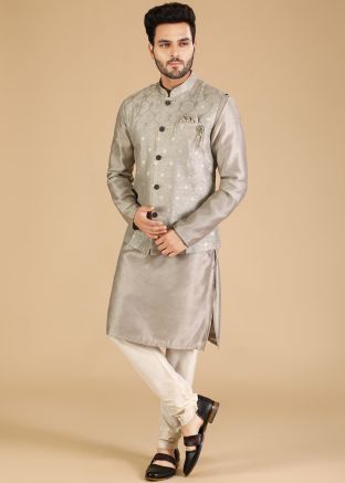 Grey Kurta Pajama With Woven Nehru Jacket In Art Silk