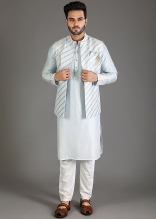 Blue Kurta Pajama & Embroidered Nehru Jacket