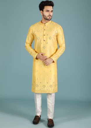 Yellow Mirror Embellished Kurta Pajama Set