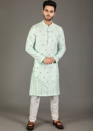 Readymade Green Mirror Embroidered Kurta Churidar Set