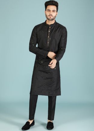 Mens Black Mirror Work Kurta Churidar Set
