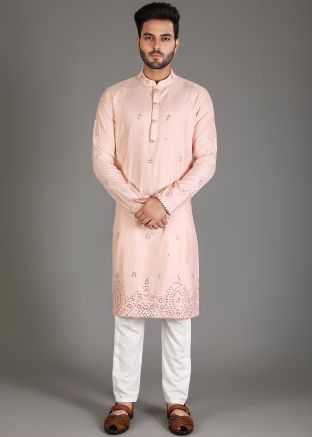 Peach Embroidered Readymade Mens Kurta Pajama