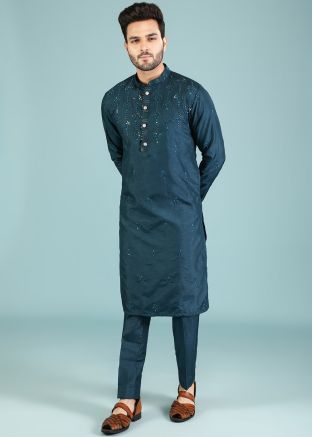 Readymade Blue Embroidered Mens Kurta Pajama Set