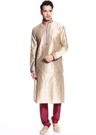 Readymade Beige Art Silk Kurta Pyjama Set