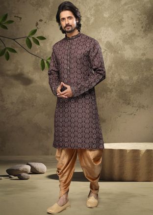 Brown Printed Readymade Cotton Dhoti Kurta Set