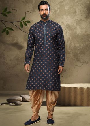 Blue Readymade Printed Cotton Dhoti Kurta Set