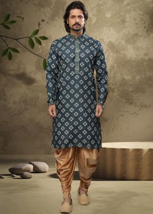 Blue Readymade Cotton Printed Dhoti Kurta Set