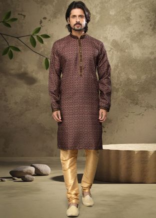 Brown Printed Cotton Readymade Kurta Pajama Set